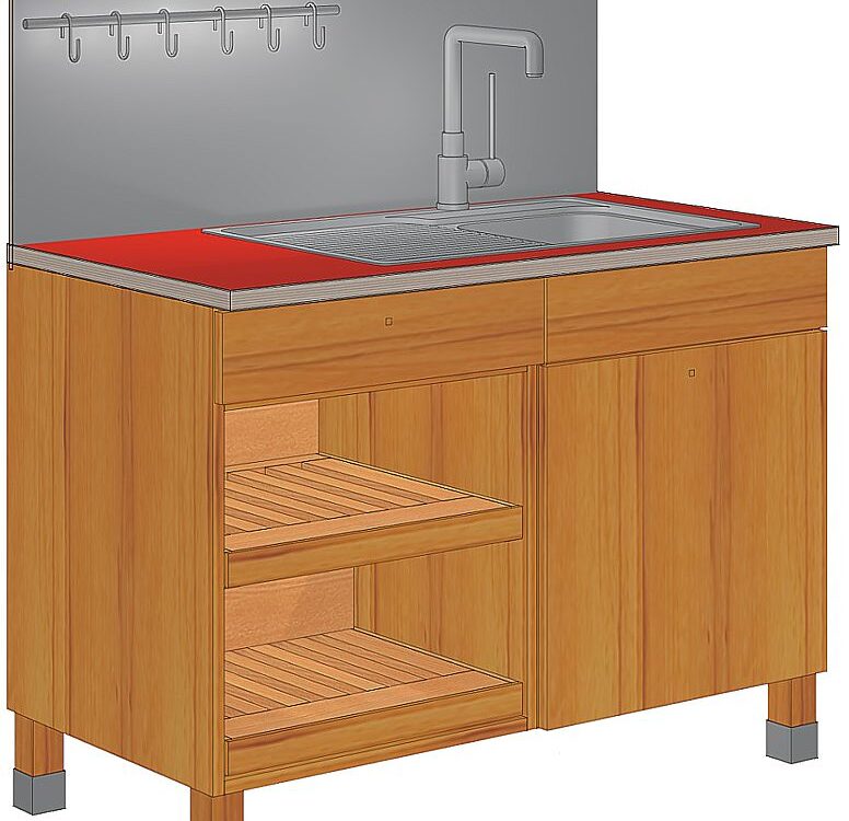 Spülenmodul mit ausziehbaren Holzböden