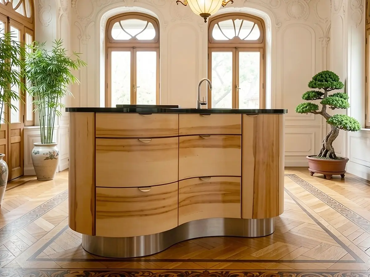 Nierenförmige Kücheninsel aus Massivholz der Pfister Möbelwerkstatt als freistehendes Designmöbel im Wohnraum.