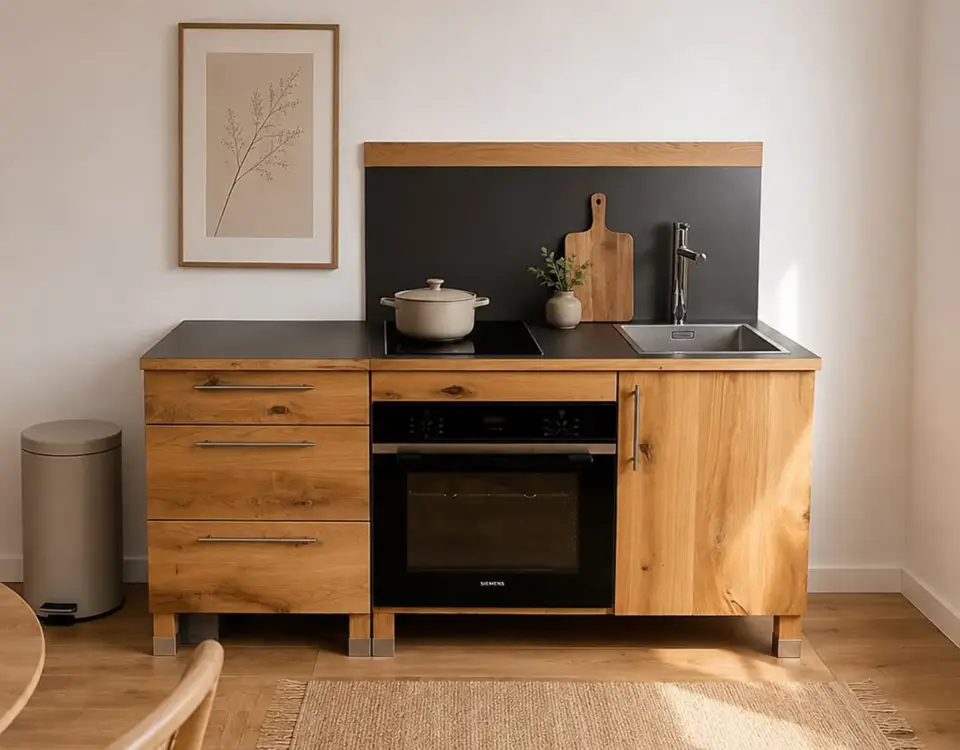 Modulküche aus Massivholz der Pfister Möbelwerkstatt mit Schubladenmodul, Kochstellenmodul und Spülenmodul.