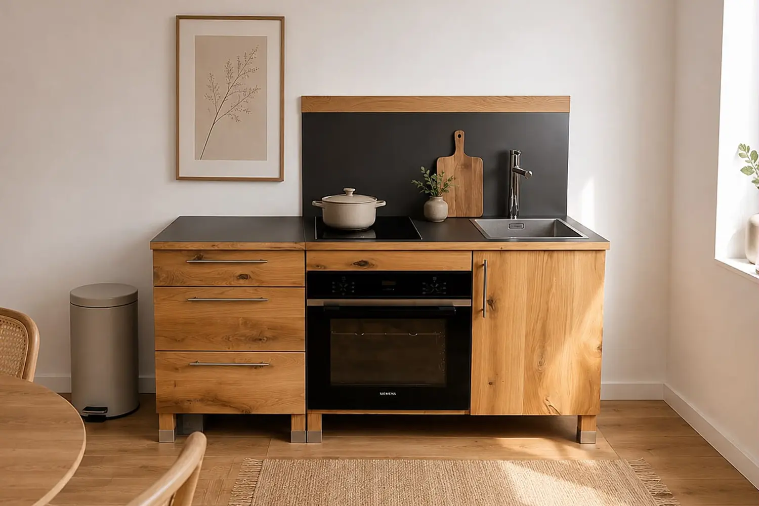 Modulküche aus Massivholz der Pfister Möbelwerkstatt mit Schubladenmodul, Kochstellenmodul und Spülenmodul.